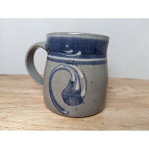Lynn Lais Stoneware Mug marked Studio pottery wave blue gray white 3 1/2 inch